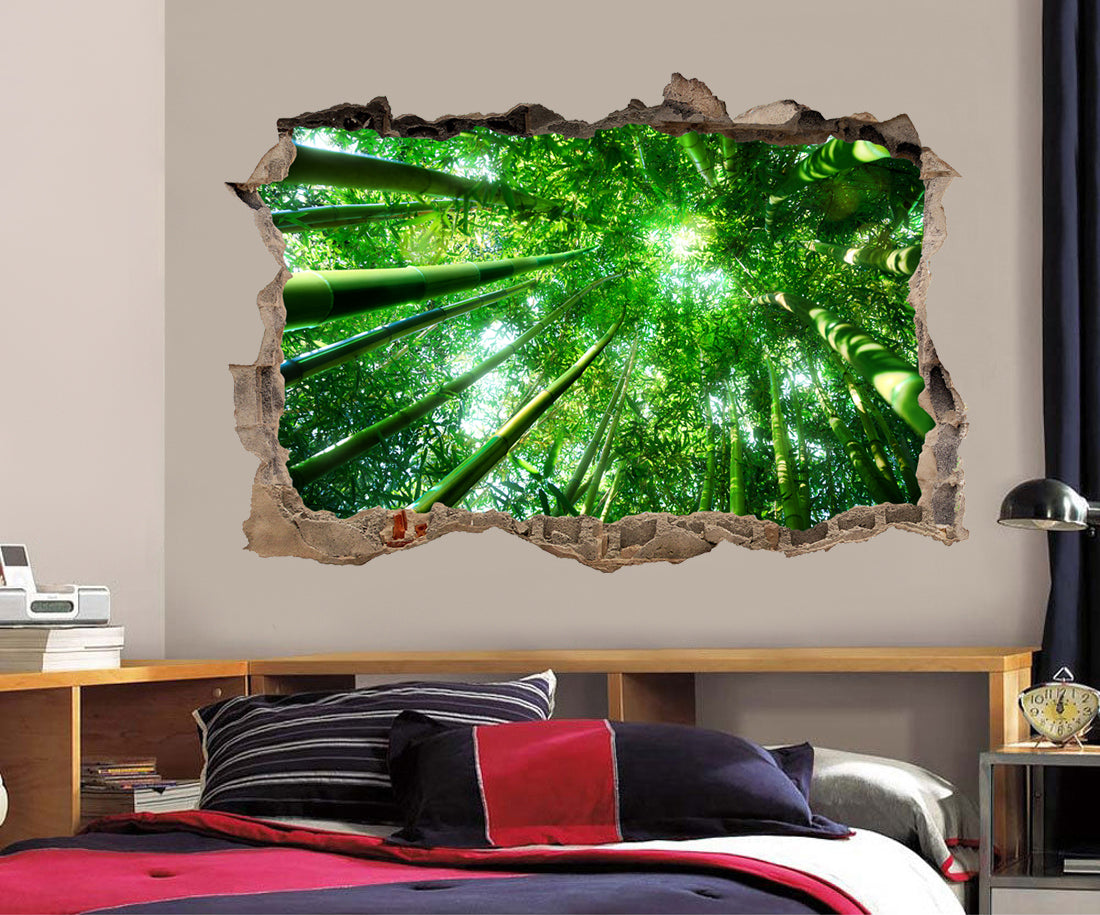 Autocollant mural autocollant 3D cassé cassé d'arbres de forêt de bambou J410