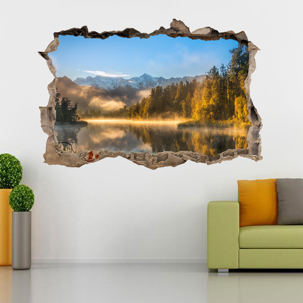 Foggy Lake Trees 3D Smashed Broken Decal Wall Sticker J414