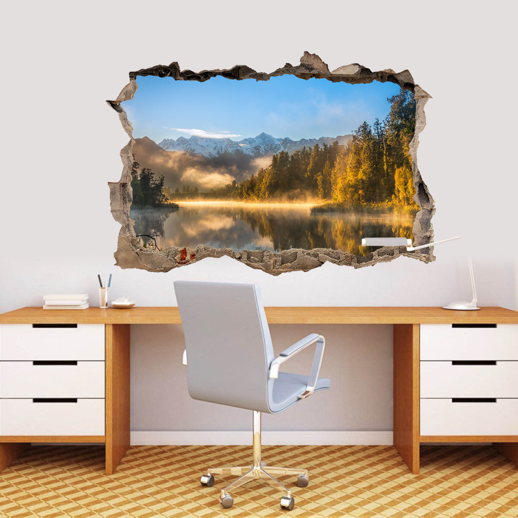 Foggy Lake Trees 3D Smashed Broken Decal Wall Sticker J414