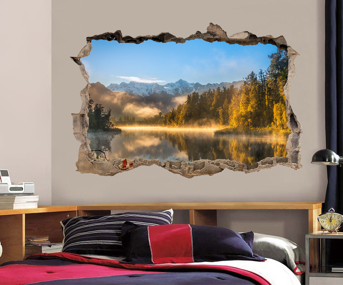 Foggy Lake Trees 3D Smashed Broken Decal Wall Sticker J414