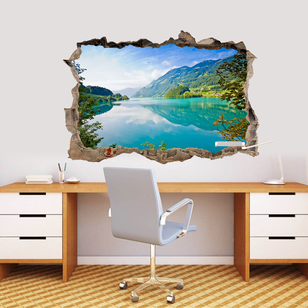 Turquoise Mirror Lake 3D Smashed Broken Decal Wall Sticker J416