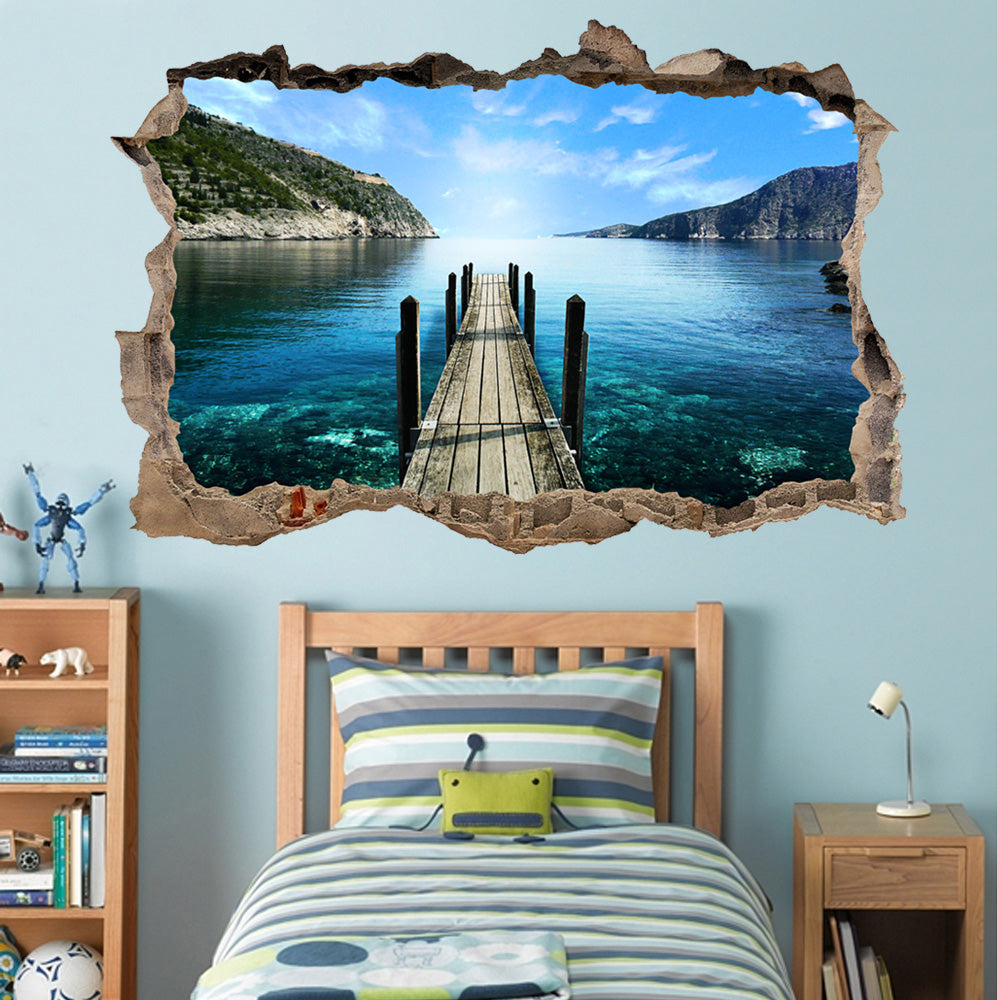 Pont au-dessus de l’eau 3D cassé autocollant de mur de décalque J421