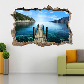 Pont au-dessus de l’eau 3D cassé autocollant de mur de décalque J421