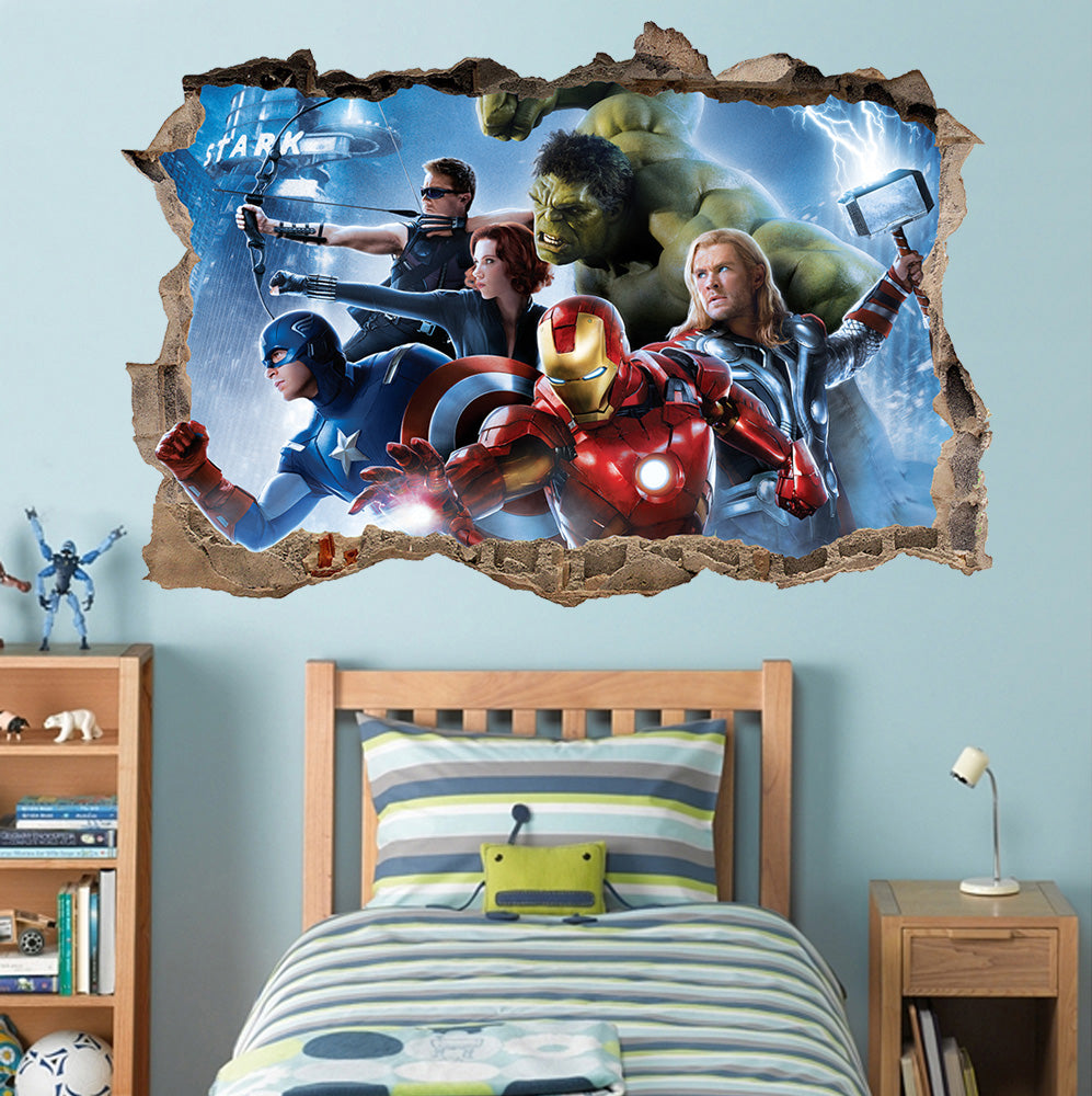 The Avengers Marvel Super Heroes 3D Smashed Broken Decal Wall Sticker J43