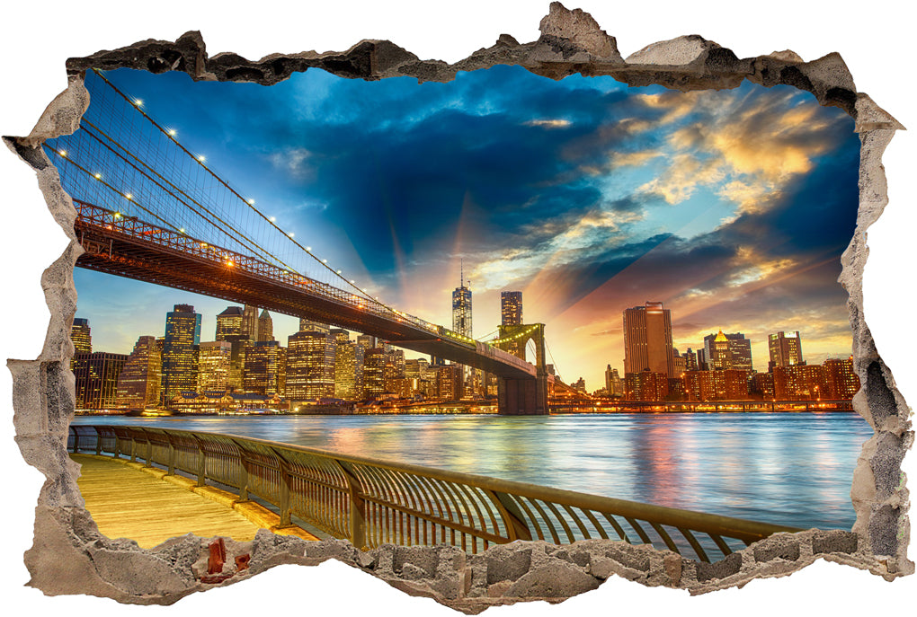 Brooklyn Bridge Sunset New York 3D Smashed Broken Decal Wall Sticker J466