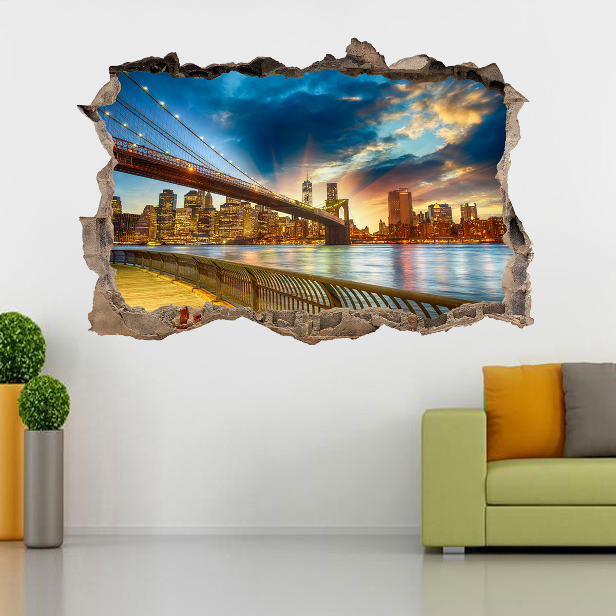 Brooklyn Bridge Sunset New York 3D Smashed Broken Decal Wall Sticker J466