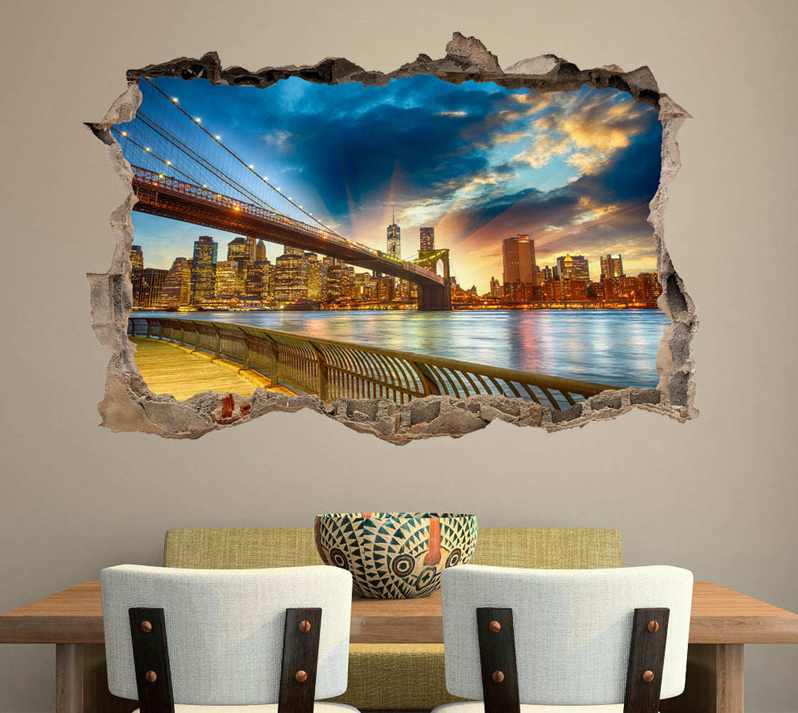 Brooklyn Bridge Sunset New York 3D Smashed Broken Decal Wall Sticker J466