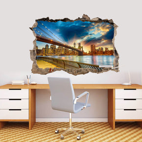 Brooklyn Bridge Sunset New York 3D Smashed Broken Decal Wall Sticker J466