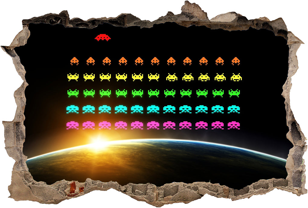 Space Invaders Retro Video Game 3D Smashed Broken Wall Sticker Decal J587