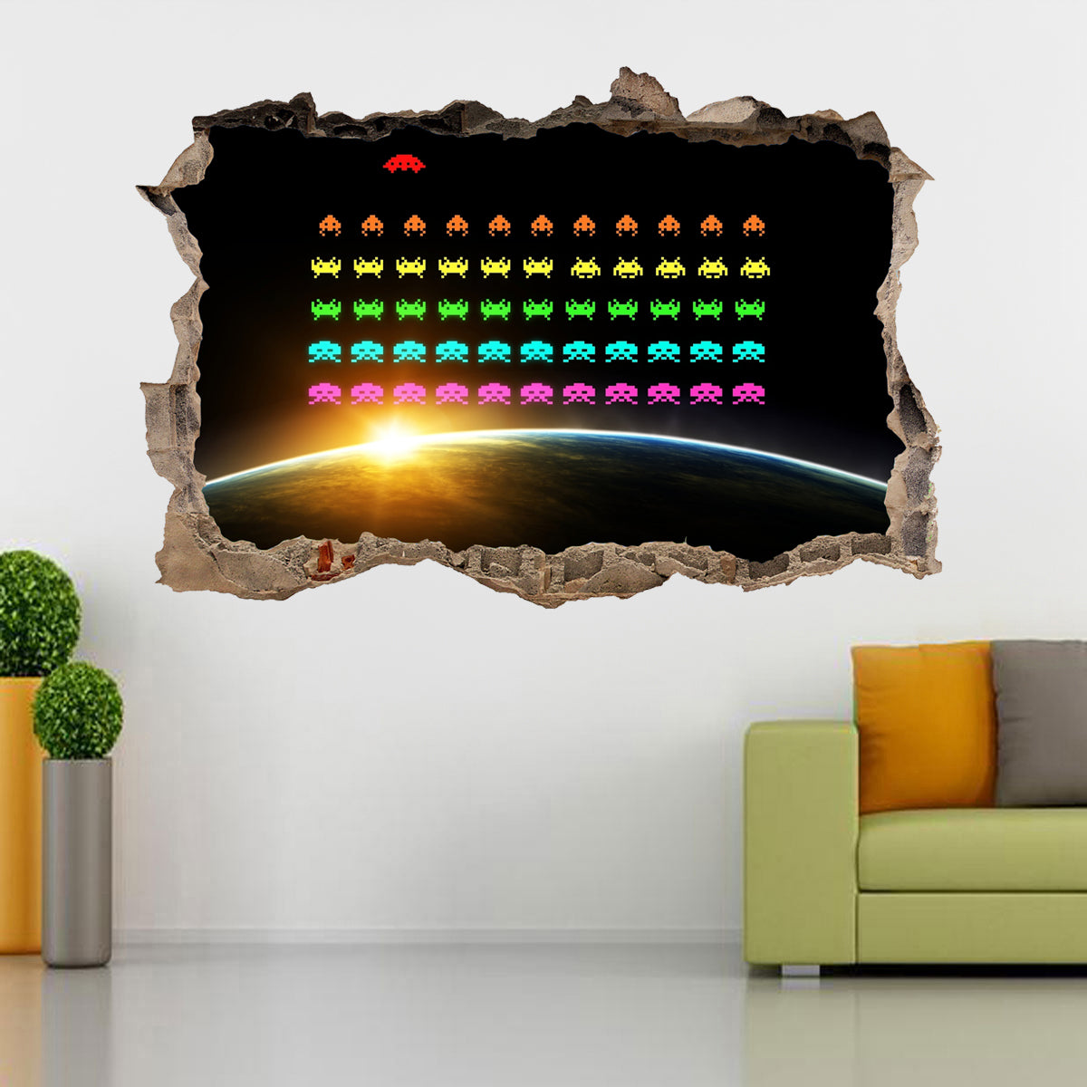 Space Invaders Retro Video Game 3D Smashed Broken Wall Sticker Decal J587