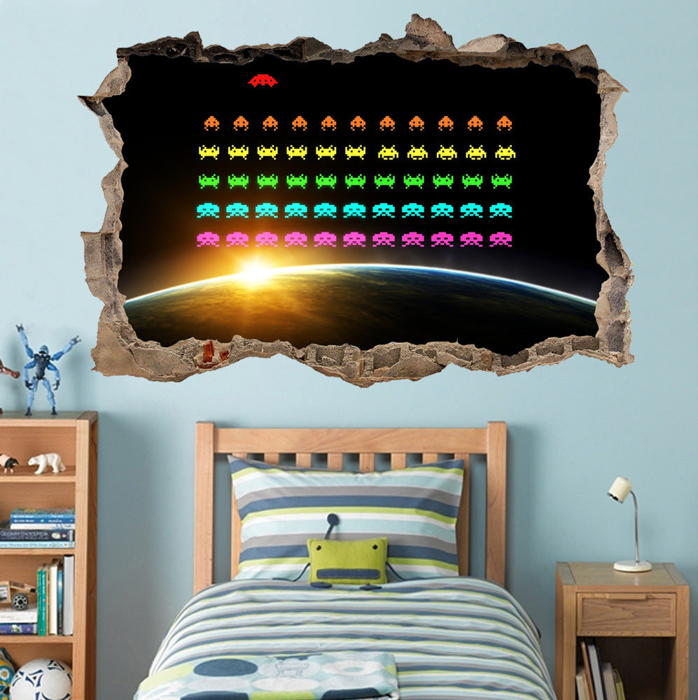Space Invaders Retro Video Game 3D Smashed Broken Wall Sticker Decal J587