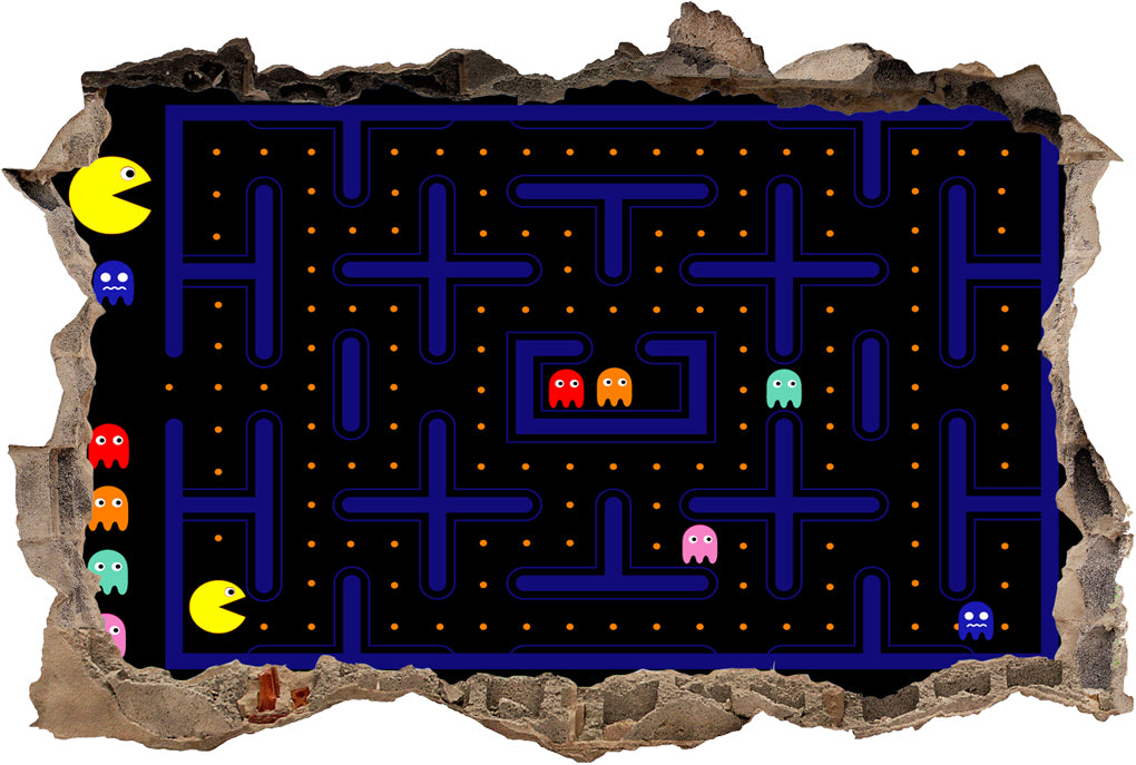 Pacman Classic Video Game 3D Smashed Broken Wall Sticker Decal J588