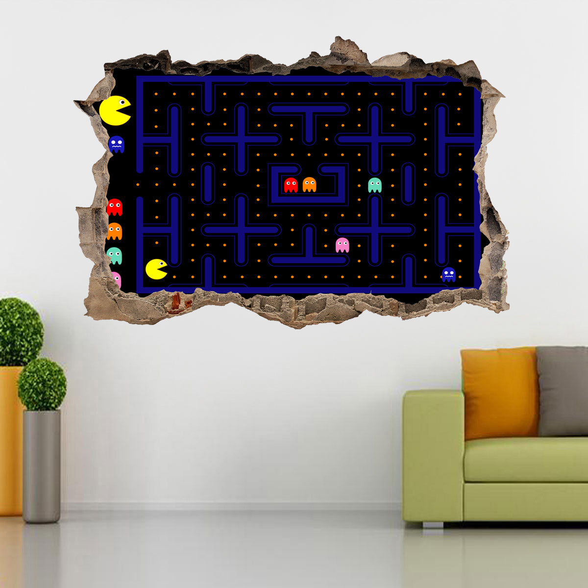 Pacman Classic Video Game 3D Smashed Broken Wall Sticker Decal J588