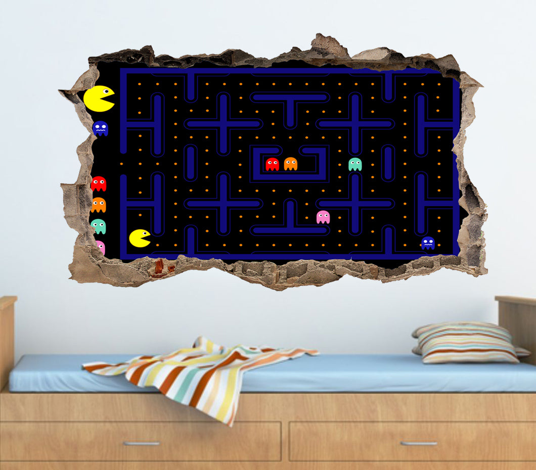 Pacman Classic Video Game 3D Smashed Broken Wall Sticker Decal J588