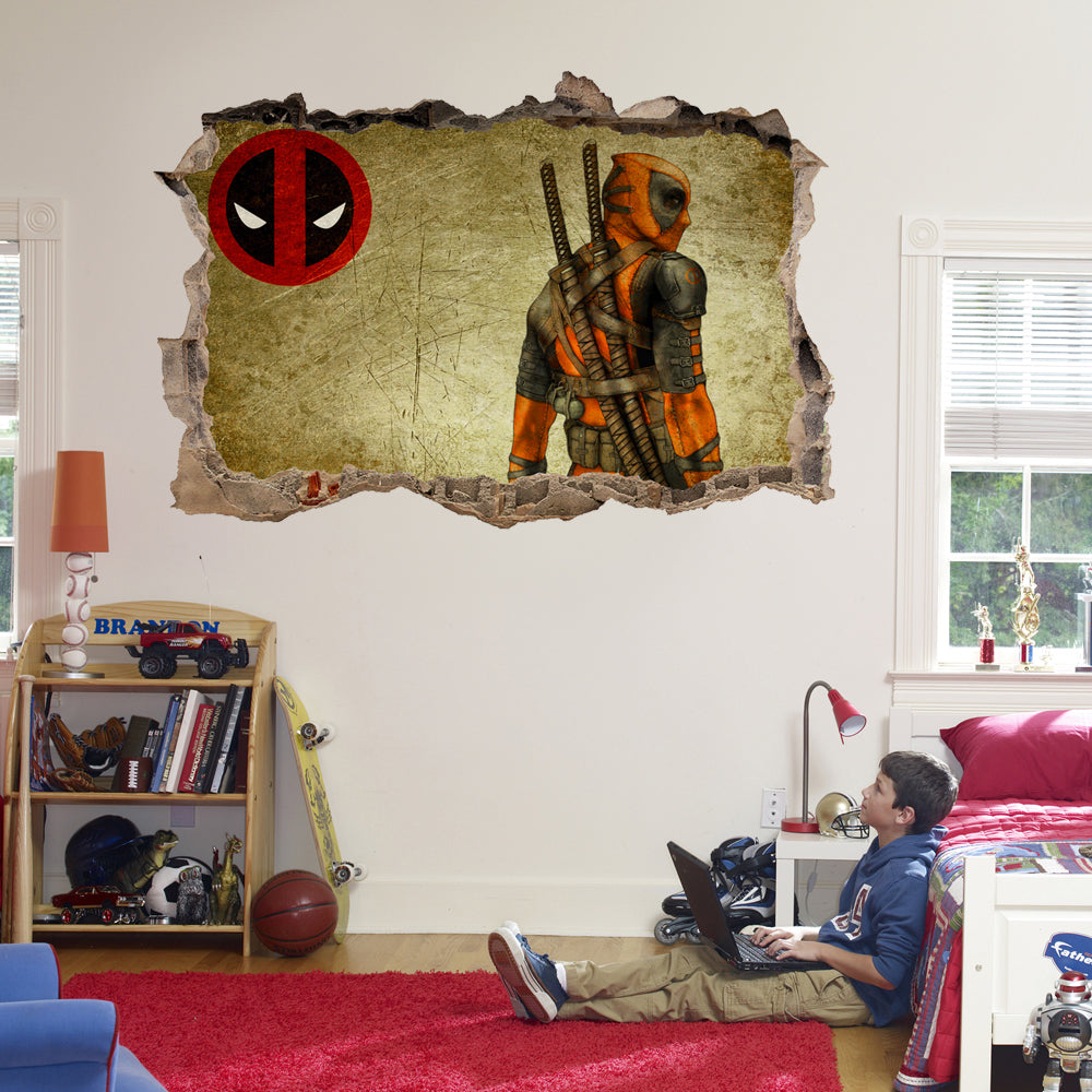 Deadpool Superhero 3D Smashed Wall Decal Wall Sticker J664