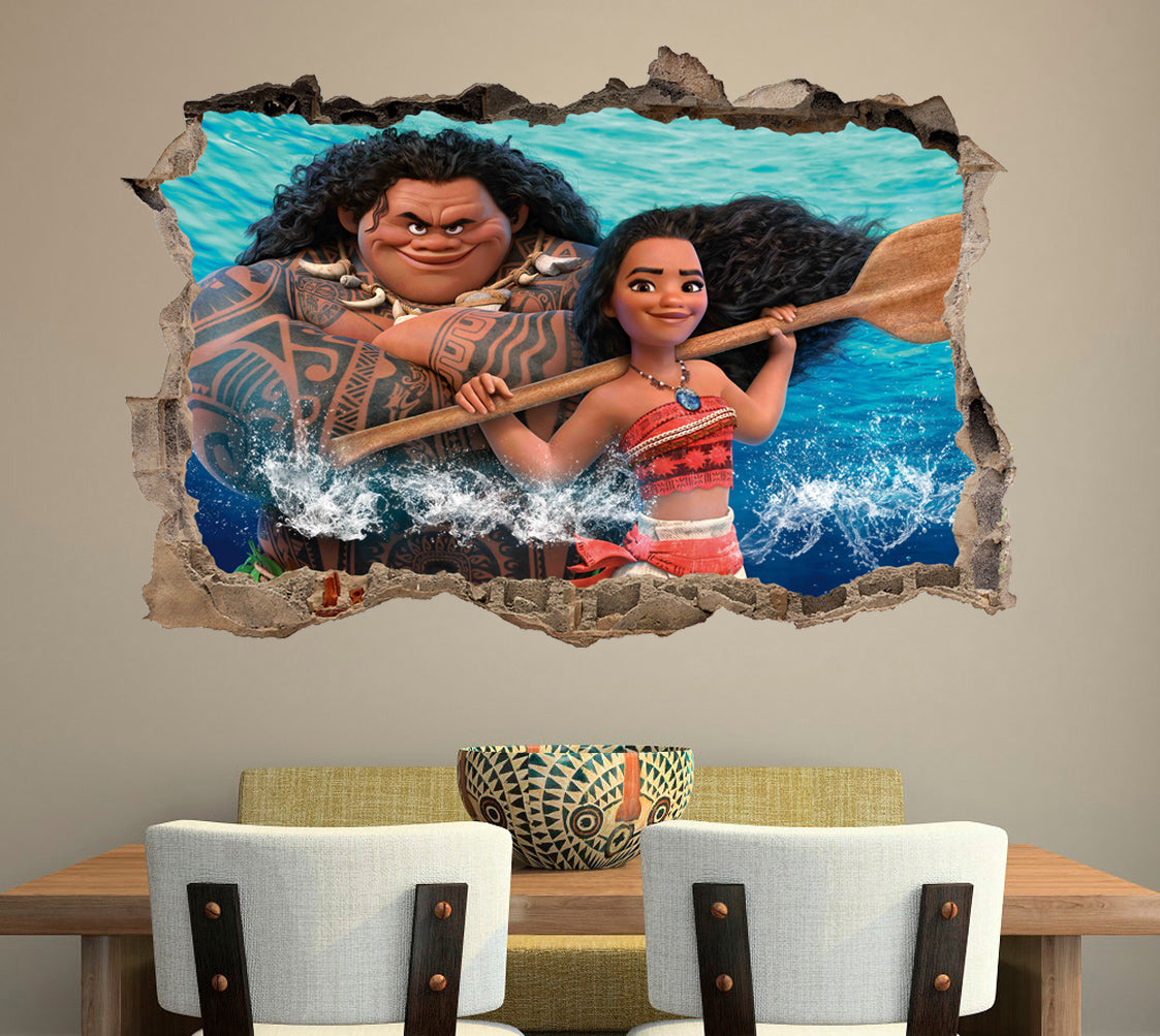 Moana and Maui 3D Smashed Broken Decal Wall Sticker J676
