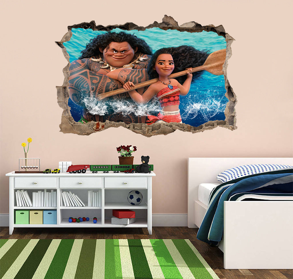 Moana and Maui 3D Smashed Broken Decal Wall Sticker J676