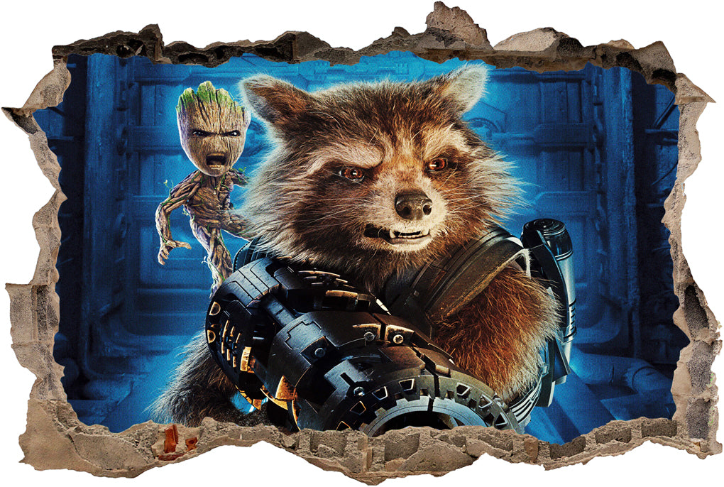Rocket & Groot Guardians Of The Galaxy Superheroes 3D Smashed Wall Decal Wall Sticker J685