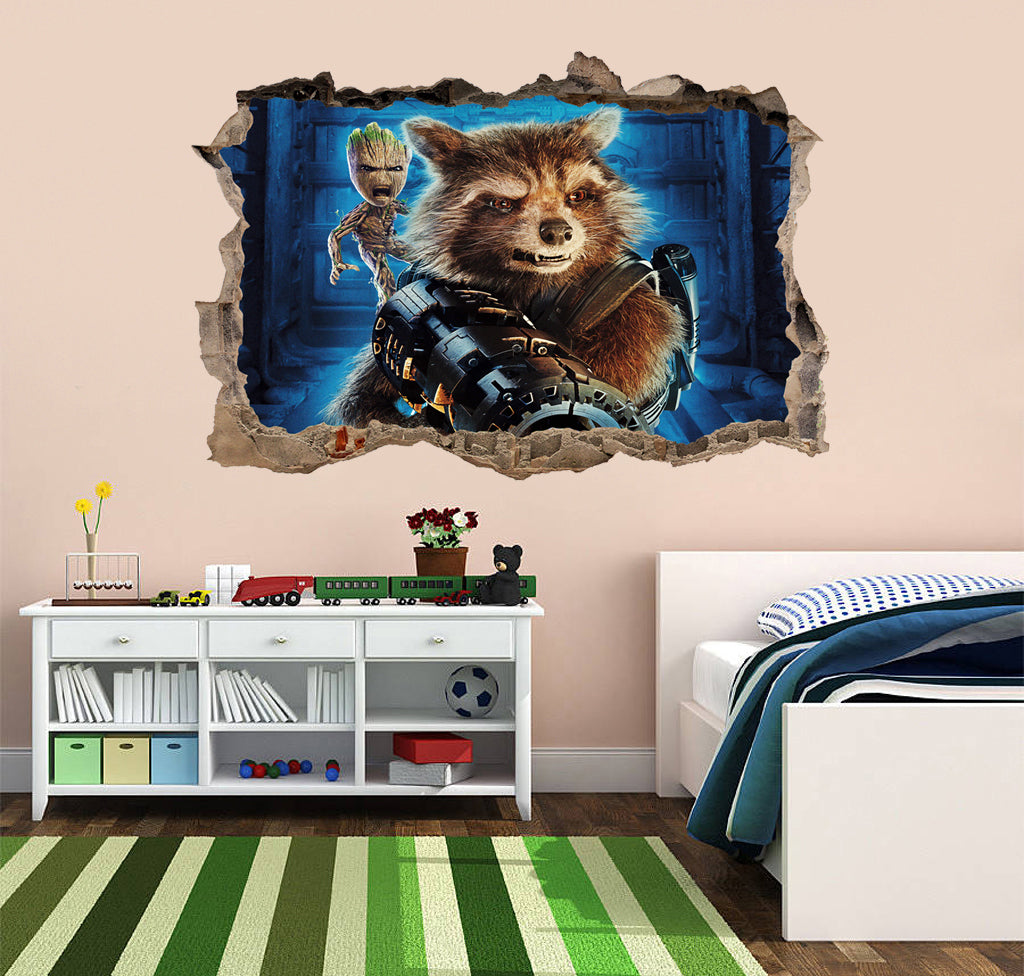 Rocket & Groot Guardians Of The Galaxy Superheroes 3D Smashed Wall Decal Wall Sticker J685