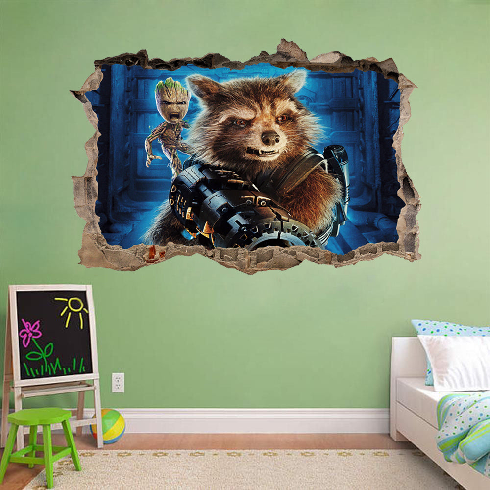 Rocket & Groot Guardians Of The Galaxy Superheroes 3D Smashed Wall Decal Wall Sticker J685