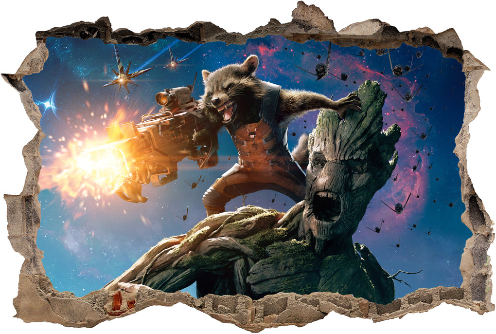 Rocket & Groot Guardians Of The Galaxy Superheroes 3D Smashed Wall Decal Wall Sticker J687