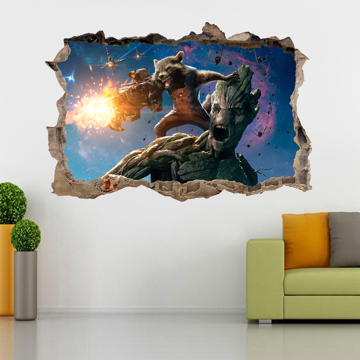 Rocket & Groot Guardians Of The Galaxy Superheroes 3D Smashed Wall Decal Wall Sticker J687