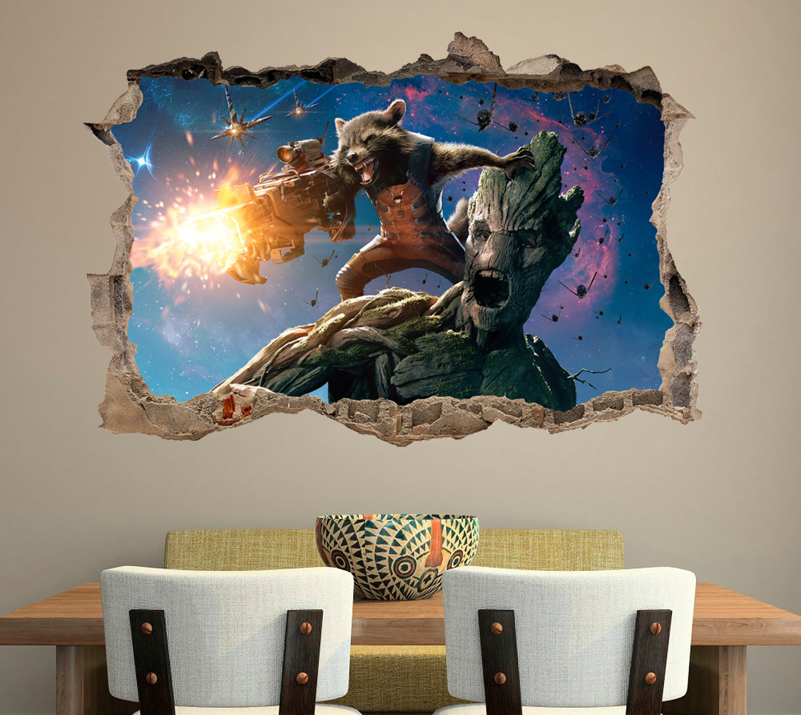 Rocket & Groot Guardians Of The Galaxy Superheroes 3D Smashed Wall Decal Wall Sticker J687