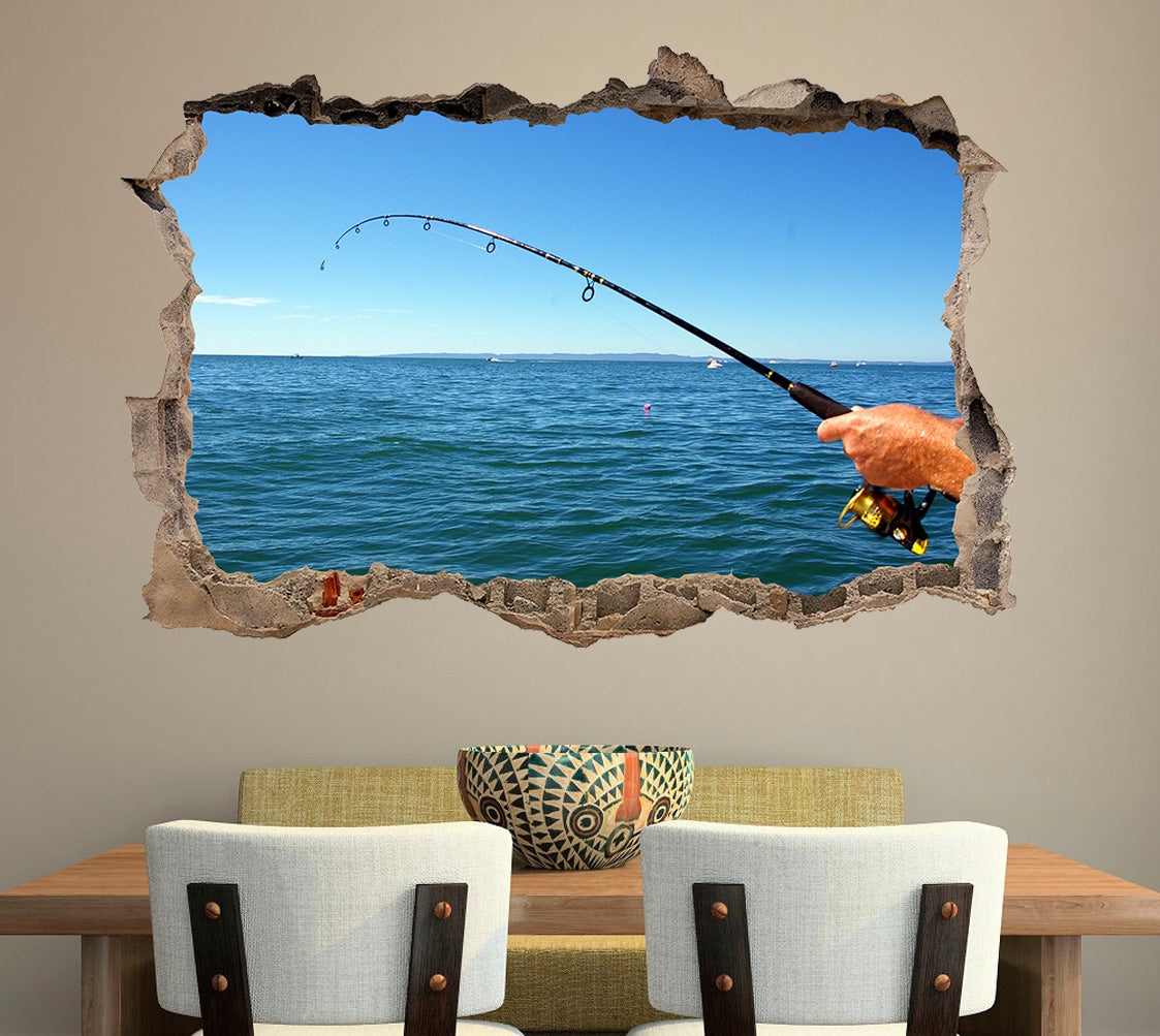 Fishing 3D Smashed Broken Decal Wall Sticker J69