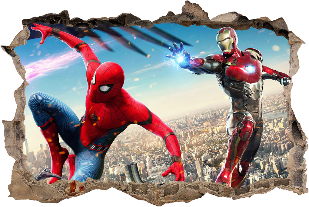 Spider Man and Iron Man 3D Smashed Wall Decal Wall Sticker J740
