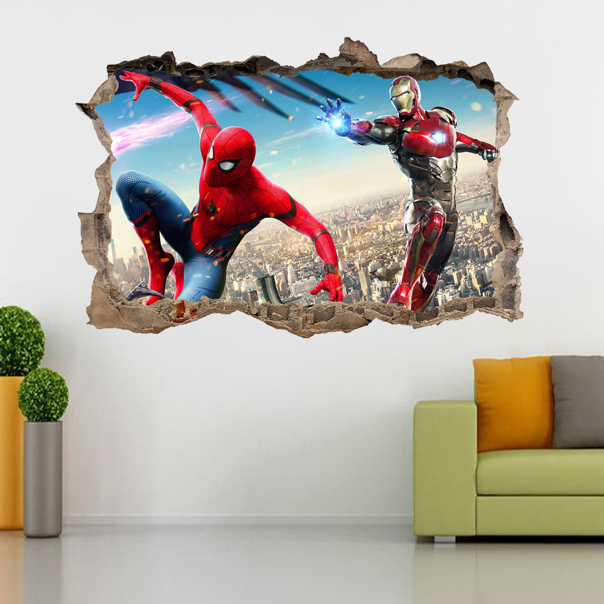 Spider Man and Iron Man 3D Smashed Wall Decal Wall Sticker J740