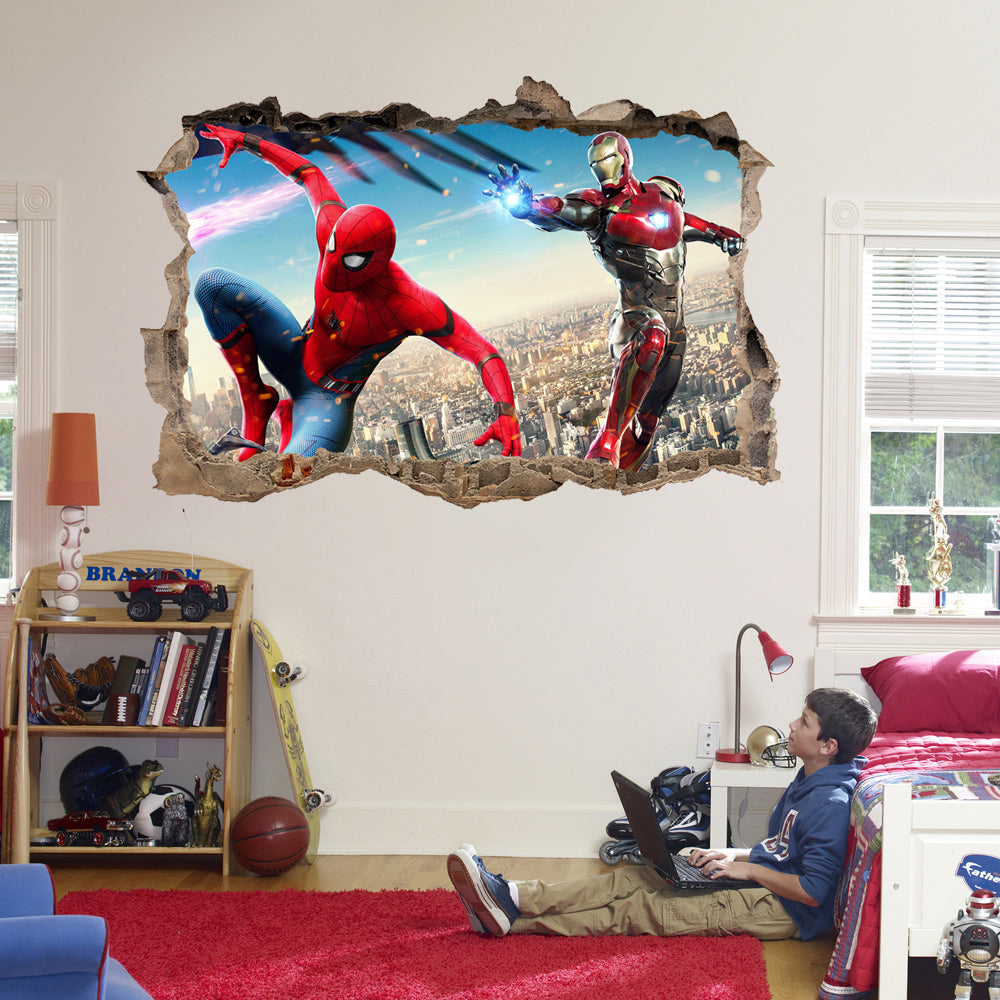 Spider Man and Iron Man 3D Smashed Wall Decal Wall Sticker J740