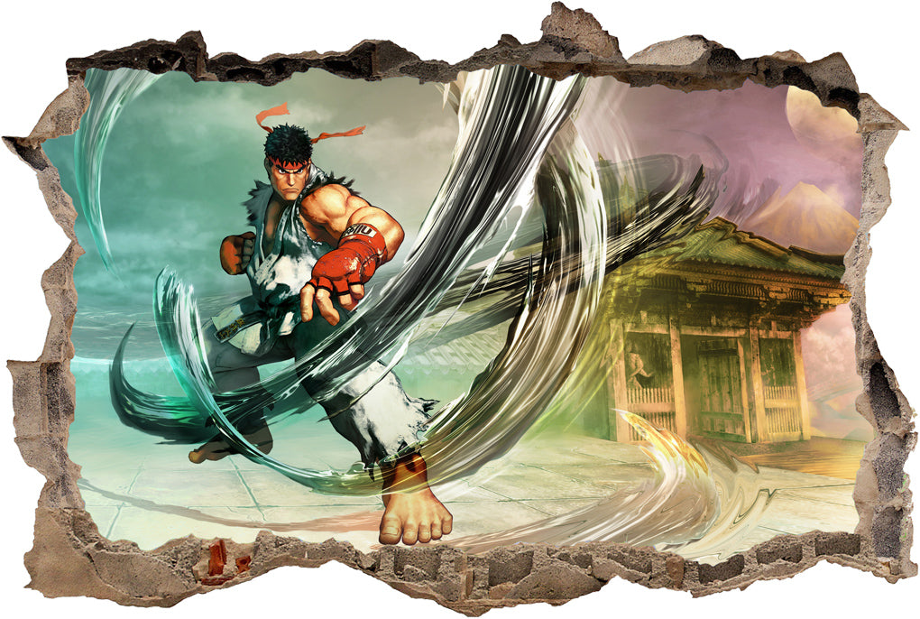 Street Fighter Ryu Classic Video Game 3D Smashed Broken Wall Sticker Decal J751