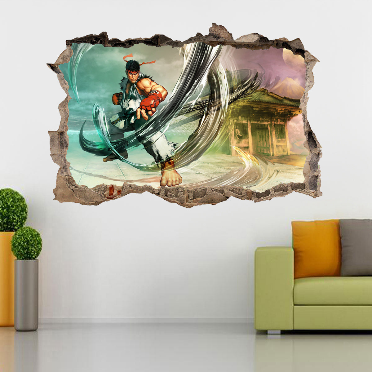 Street Fighter Ryu Classic Video Game 3D Smashed Broken Wall Sticker Decal J751