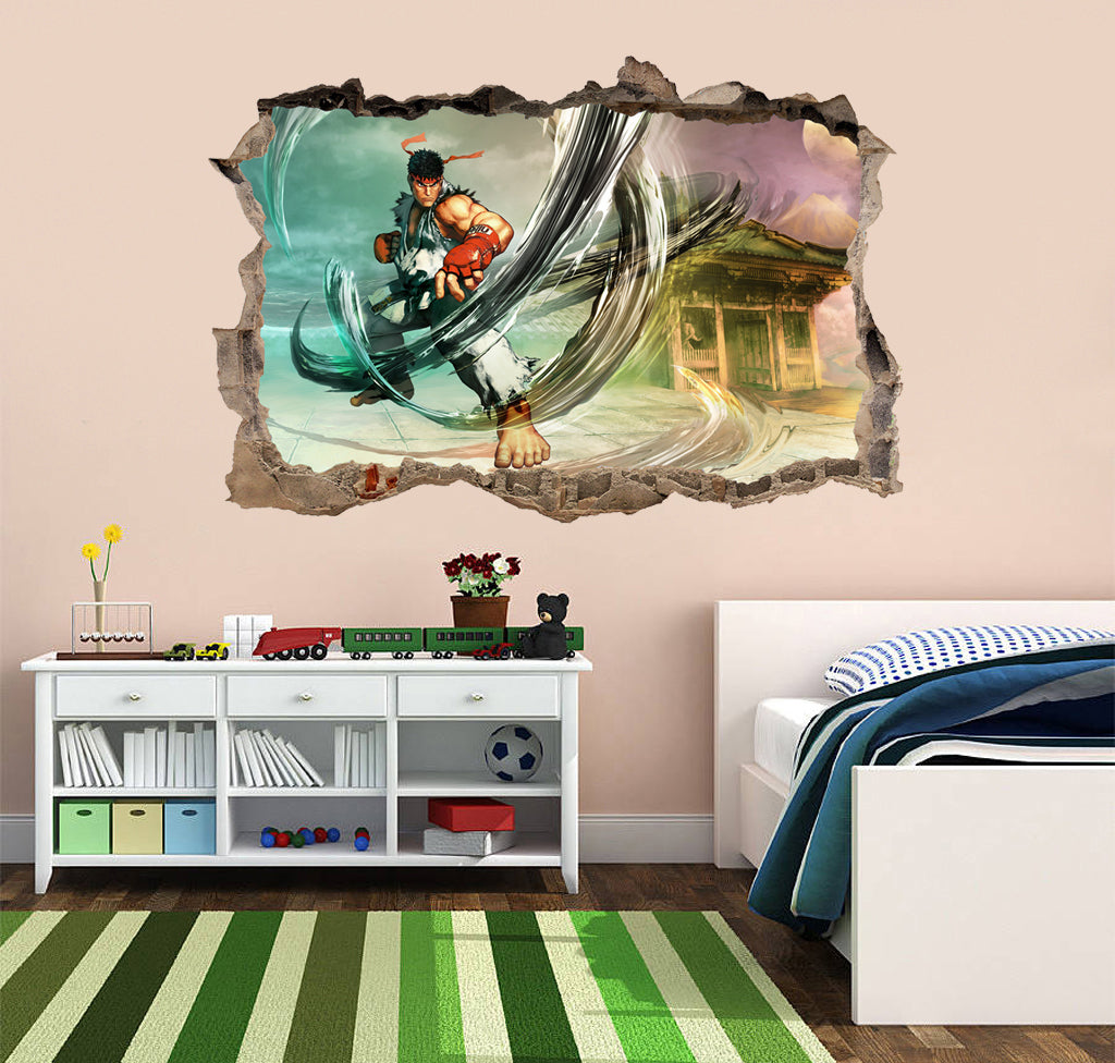 Street Fighter Ryu Classic Video Game 3D Smashed Broken Wall Sticker Decal J751