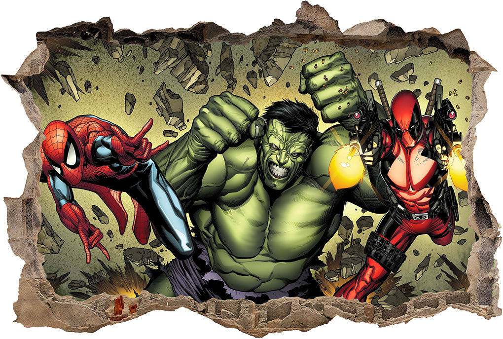Superheroes Attack! Deadpool, Spiderman & Hulk 3D Smashed Wall Decal Wall Sticker J821