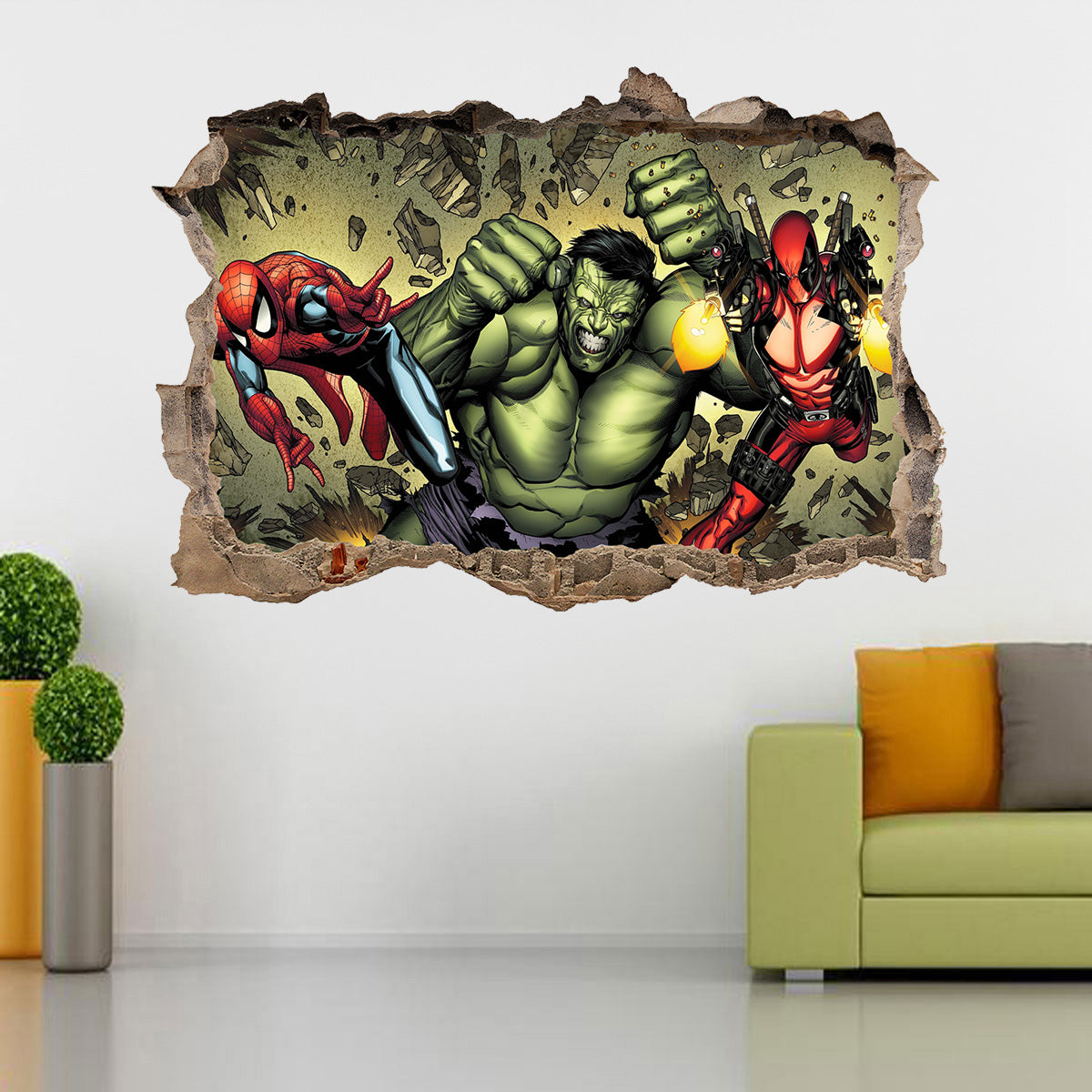 Superheroes Attack! Deadpool, Spiderman & Hulk 3D Smashed Wall Decal Wall Sticker J821