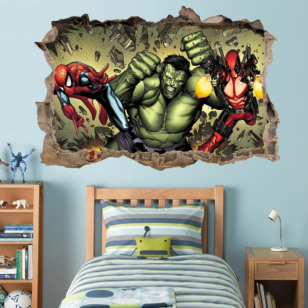 Superheroes Attack! Deadpool, Spiderman & Hulk 3D Smashed Wall Decal Wall Sticker J821
