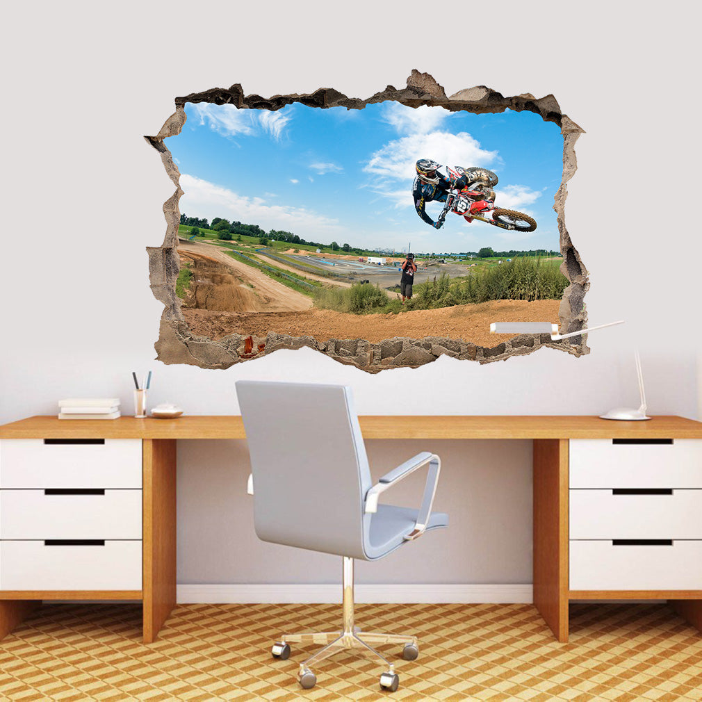 Motocross Jump Bike 3D Smashed Broken Decal Wall Sticker J826