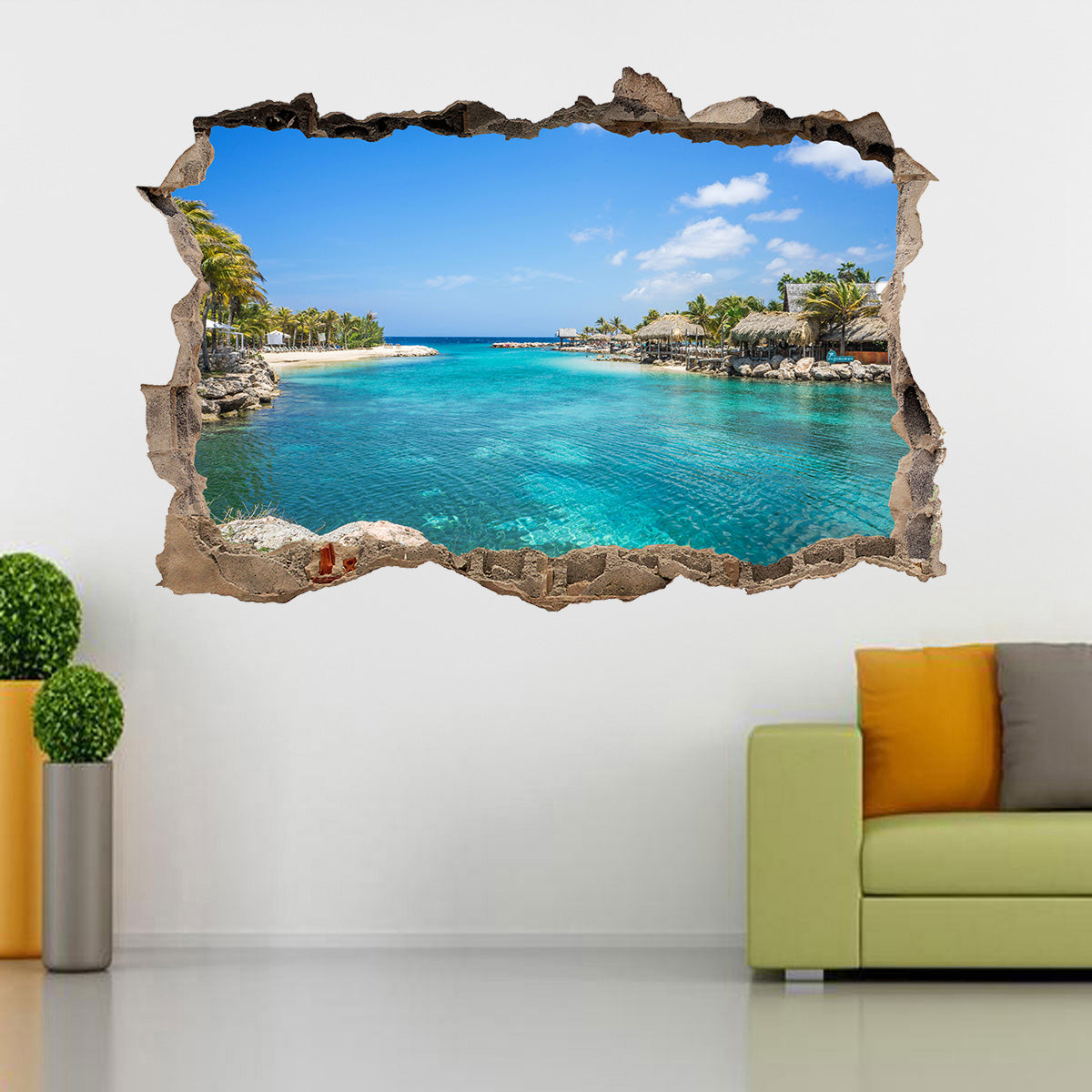 Exotic Ocean Beach 3D Smashed Broken Decal Wall Sticker J832