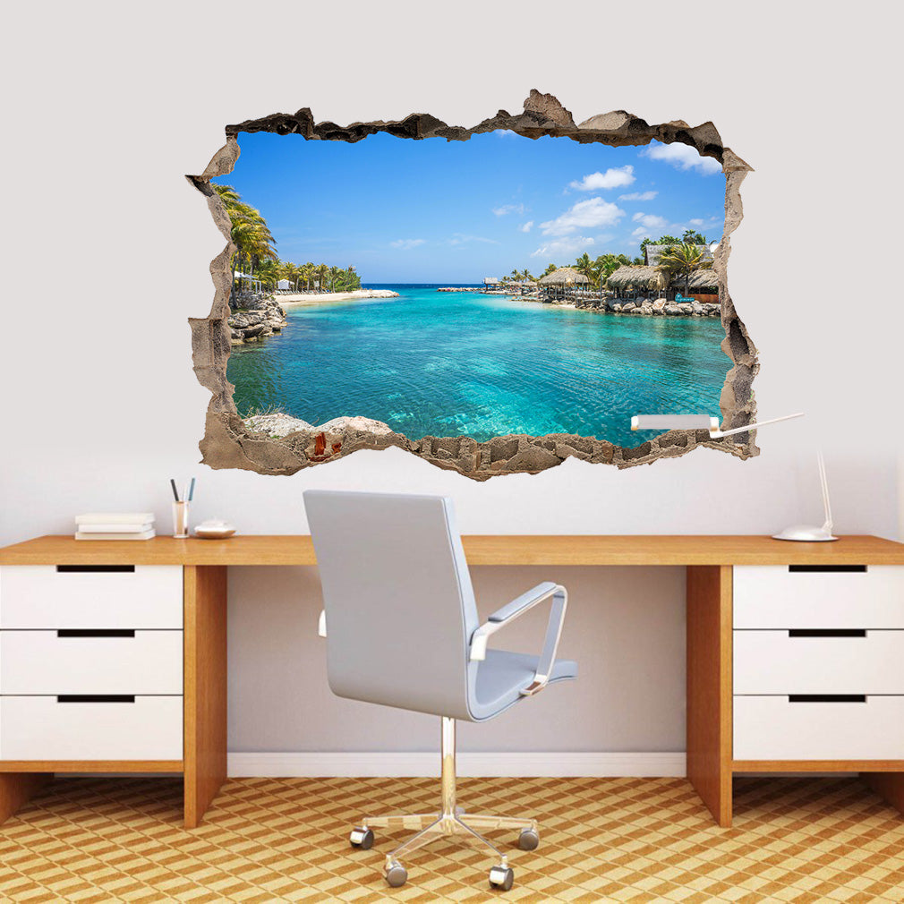 Exotic Ocean Beach 3D Smashed Broken Decal Wall Sticker J832