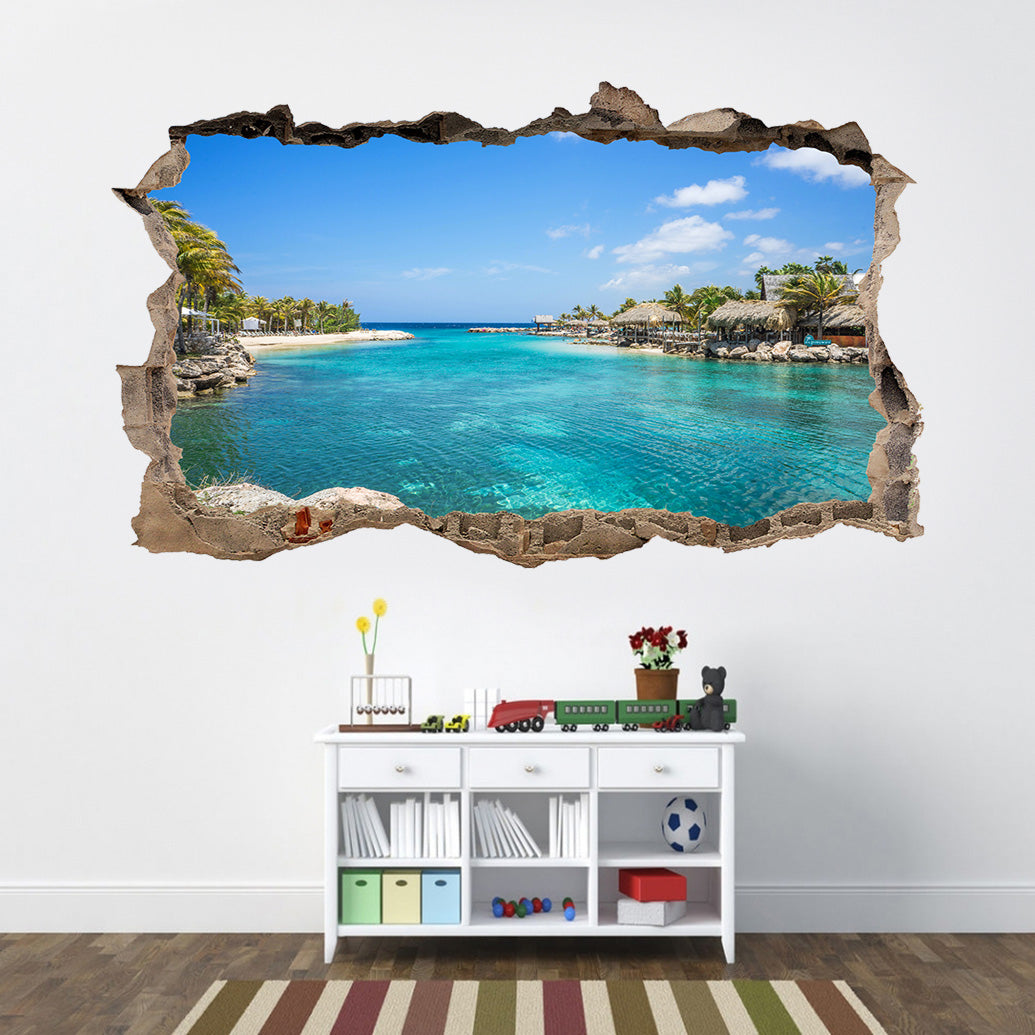 Exotic Ocean Beach 3D Smashed Broken Decal Wall Sticker J832