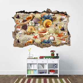 Coquillages sur la plage 3D cassé cassé autocollant mural autocollant J878