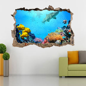 Tropical Fish Shark Reef 3D Smashed Broken Decal Wall Sticker J881