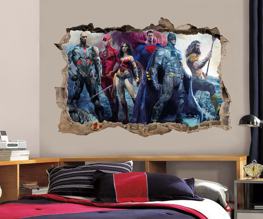 Justice League Superheroes Artwork 3D Smashed Wall Decal Wall Sticker J971