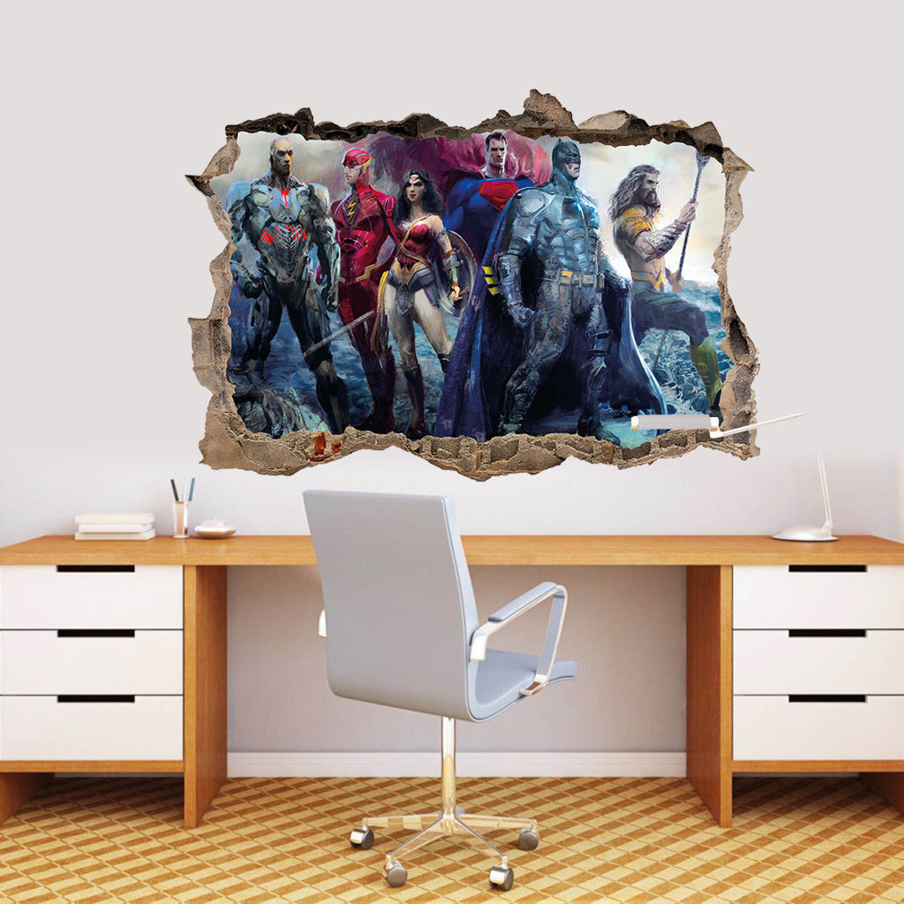 Justice League Superheroes Artwork 3D Smashed Wall Decal Wall Sticker J971