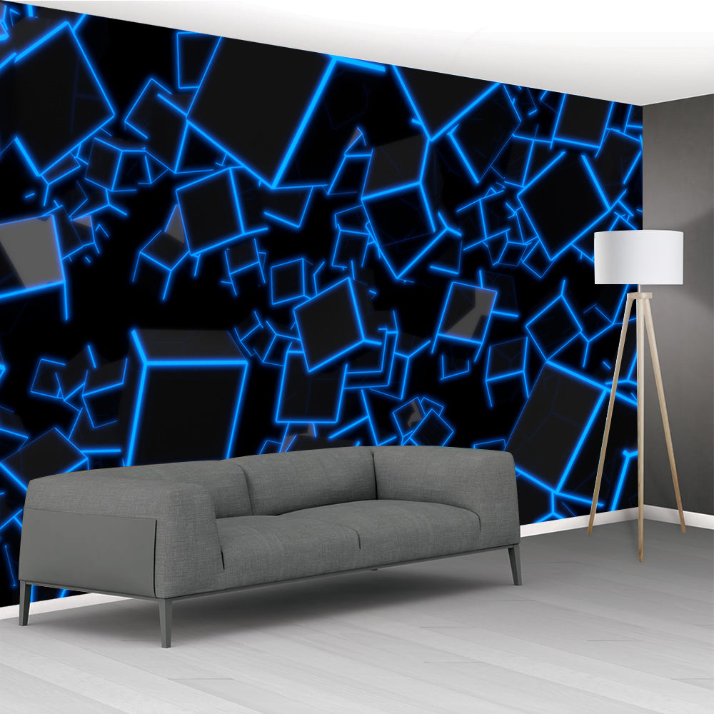 3D BLUE NEON CUBES Woven Self-Adhesive Removable Wallpaper Modern Mural M01