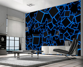 3D BLUE NEON CUBES Woven Self-Adhesive Removable Wallpaper Modern Mural M01