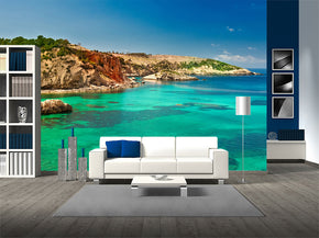 Turquoise Beach Ibiza Woven Self-Adhesive Removable Wallpaper Modern Mural M169