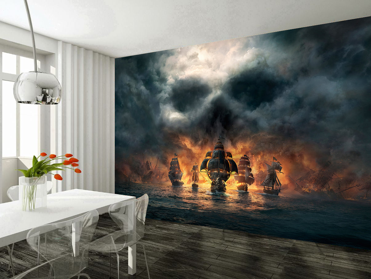 Pirate Ships Woven Self-Adhesive Removable Wallpaper Modern Mural M216