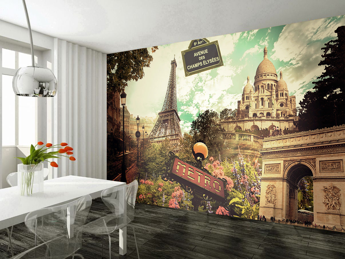 Paris Collage Retro Woven Self-Adhesive Removable Wallpaper Modern Mural M270